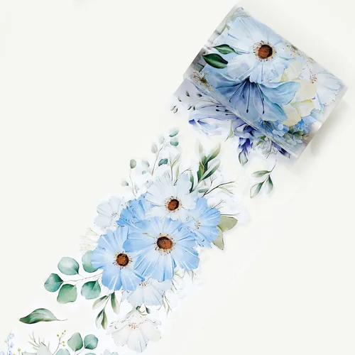 WT Serene - Cinta ancha de PET, rollo individual, diseños originales, cinta decorativa de flores azules acuarela, cinta adhesiva transparente WT