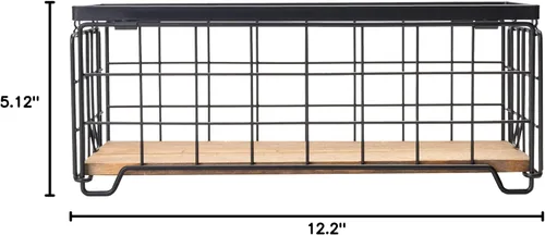 Miniatura 8 de Cesta de almacenamiento de alambre de metal, soporte para rollo de papel higiénico, base de madera, caja de decoración de encimera, estante de Negro
