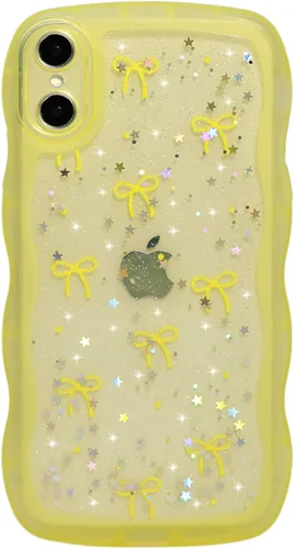 Miniatura 105 de Qokey Funda para iPhone 12 Pro Max de 6.7 pulgadas, diseño de onda rizada, borde transparente, brillante con purpurina, estrella brillante, bonita
