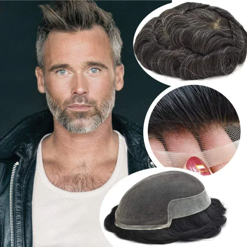 Miniatura 17 de Toupee para hombres sistemas de reemplazo de piel sintética con encaje suizo para hombre, nudos blanqueados, línea capilar natural para hombres