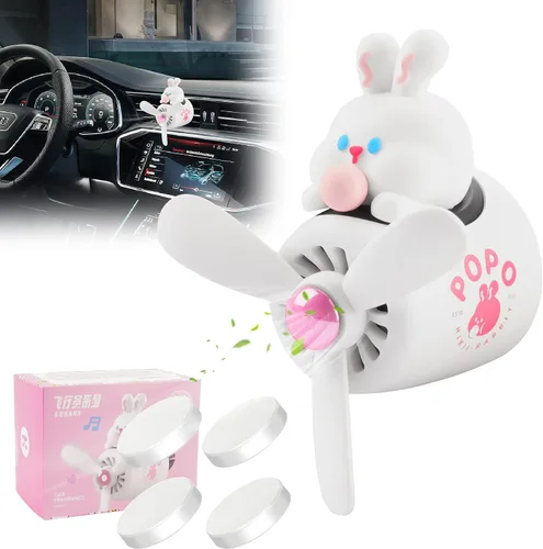 Ambientador de aire para coche, lindo conejo de dibujos animados, piloto, difusor de coche, hélice giratoria, ventilador de salida de aire White