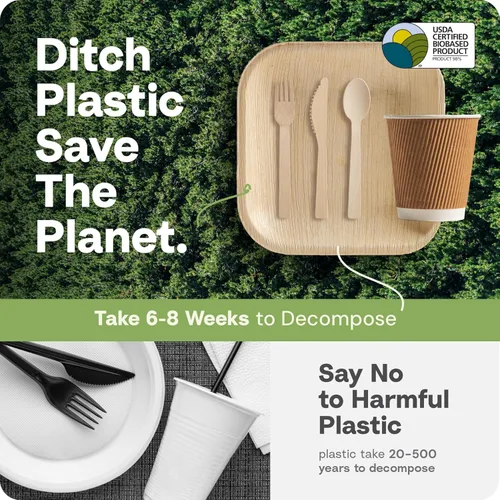Miniatura 5 de Juego de Fiesta de Platos de Hoja de Palma y Cubiertos de Bambú Pre-Enrollados - Platos Compostables de 10 y 7 Pulgadas, Elegantes Utensilios