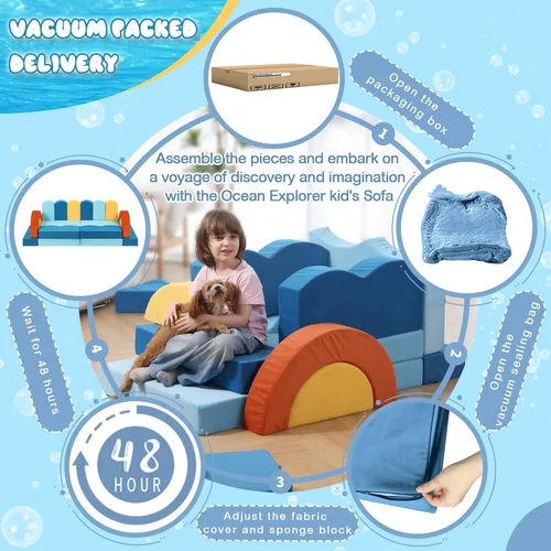 Miniatura 6 de Erament Sofá cama modular para niños pequeños, 22 piezas, sofá cama para sala de juegos, muebles convertibles con temática oceánica, sofá modular