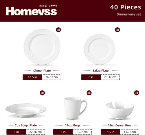 Miniatura 2 de HomeVss, nuevo juego de vajilla de porcelana de hueso, diseño de perlas en relieve, juego de vajilla de 40 piezas