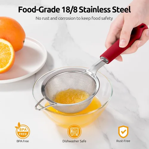 Miniatura 3 de U-Taste Colador pequeño de malla fina: 18/8 de acero inoxidable, 8,5 cm, 30 malla, colador de cocina de malla fina con asa de silicona remachada (4)