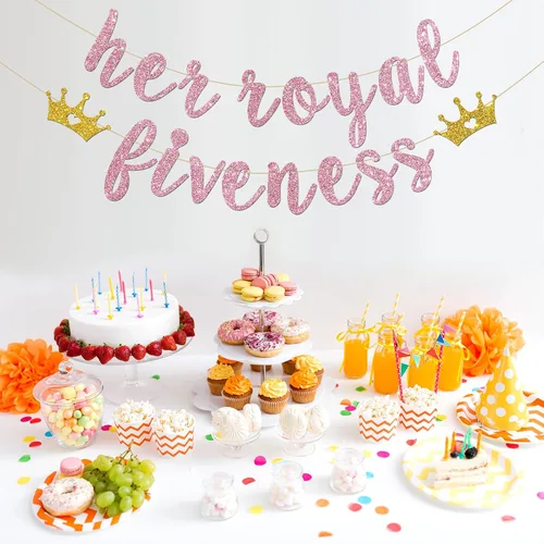 Miniatura 4 de INNORU Cartel con texto en inglés "Her Royal Fivenity" - Decoración de fiesta de cumpleaños número 5 para niñas, suministros de decoración de fiesta