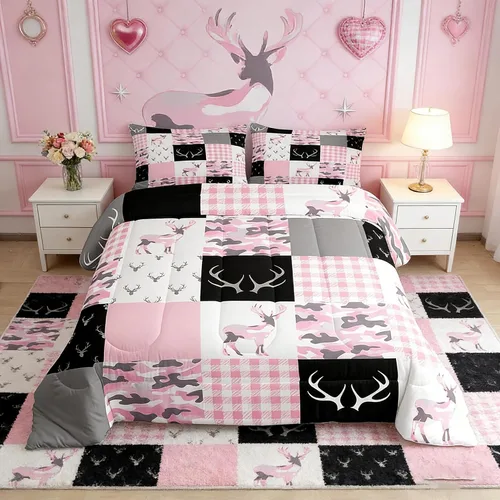 Miniatura 30 de Manfei Rutic Farmhouse - Juego de edredón tamaño King, juego de ropa de cama de retazos de madera a cuadros de ciervo, oso, árbol, 3 piezas