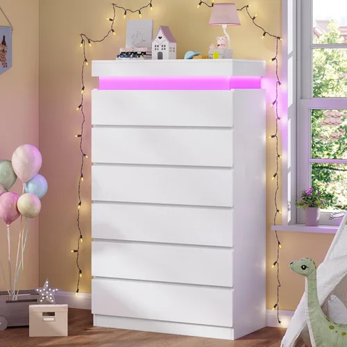 Miniatura 9 de HAUOMS Cómoda alta de 5 cajones con luz LED, cómoda moderna negra para dormitorio, cómodas de armario con cajones para sala de estar, entrada