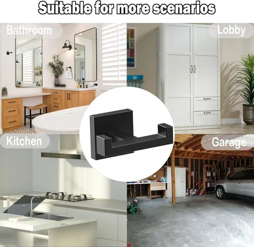 Miniatura 6 de BOZWELL Ganchos dobles para toallas para baño, montaje en pared, color negro mate, estilo cuadrado simple y moderno, gancho para bata, colgador