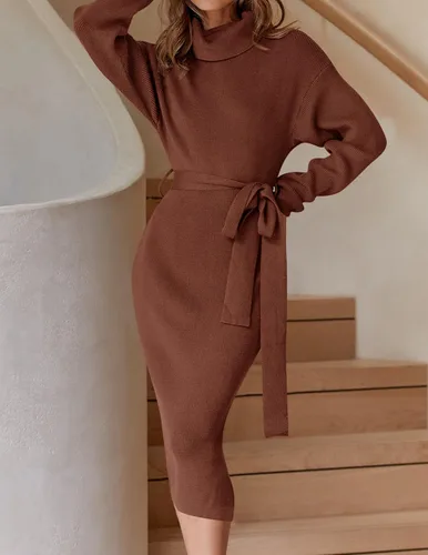 Miniatura 79 de ZESICA - Vestido por debajo de la rodilla de suéter, de cuello alto, para mujer, de manga larga, de punto acanalado, con abertura y cinturón
