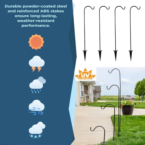 Miniatura 6 de Ganchos de pastor para exteriores, juego de 4 postes de jardín ajustables para comederos de pájaros, linternas solares, campanillas de viento, Negro
