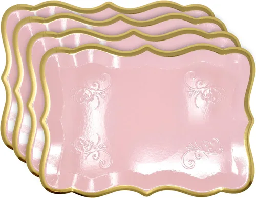 10 bandejas rosadas con borde de lámina dorada, tableros de exhibición de postres de cartón de 9 x 13 pulgadas para baby shower, fiestas, mesas de