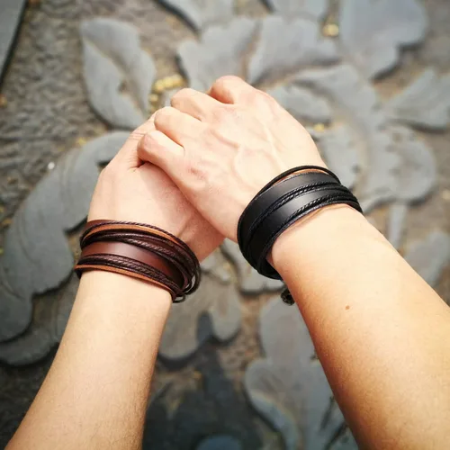 Miniatura 7 de Pulsera de piel auténtica para hombre y mujer, multicapa, ajustable, con cuerda multicolor, latín, Negro, C0020