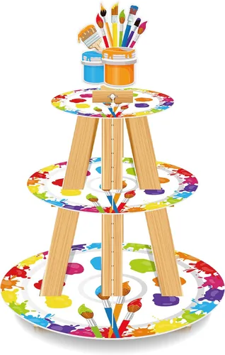 Mumufy Soporte de 3 niveles para decoración de cupcakes para fiestas, artista, multicolor, soporte para cupcakes, pintura, salpicaduras, pasteles,