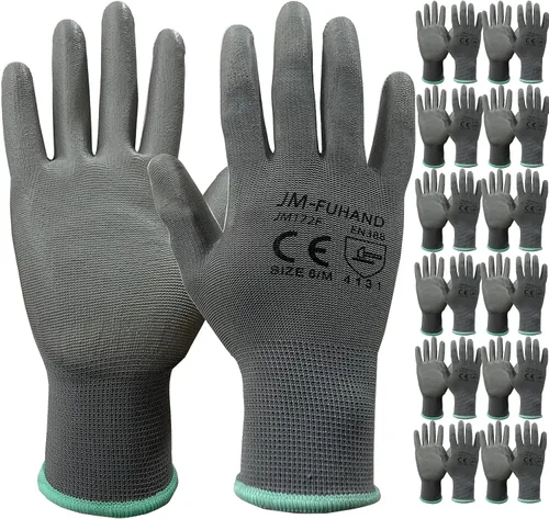 Guantes de trabajo de seguridad ultrafinos con revestimiento de poliuretano (poliuretano), 12 pares, ideales para trabajos ligeros (gris, pequeño)