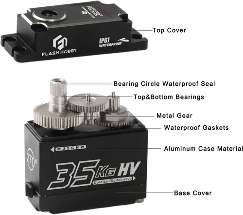 Miniatura 3 de FLASH HOBBY Servo sin núcleo de 77.2 lbs de alto par de torsión servo de engranaje de metal completo, IP67 resistente al agua servo RC con ángulo