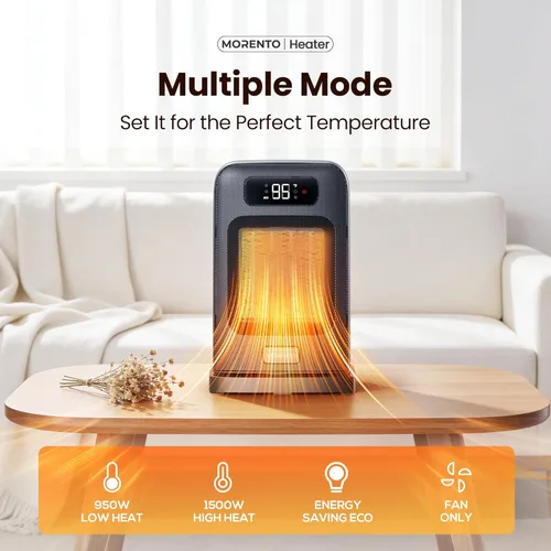Miniatura 4 de MORENTO Calentador de espacio, oscilación de 70°, pantalla LED, temporizador de 12 horas, termostato, protección contra sobrecalentamiento