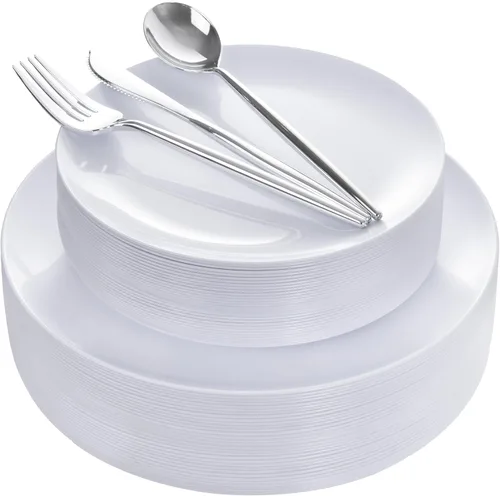 Miniatura 14 de I00000 150 PIEZAS Platos Desechables Dorados Cubiertos, Juego de Vajilla con Purpurina Dorada Incluye 25 Platos de Cena 10.25'', 25 Platos de Postre