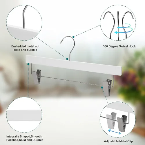 Miniatura 6 de Quality Hangers Percha de madera de lujo ultra fina que ahorra espacio, perchas para faldas con barra cuadrada para pantalones, lo mejor para Blanco
