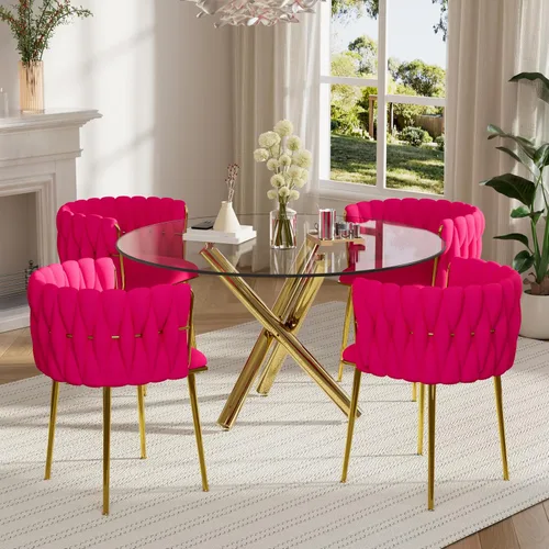 Miniatura 19 de Juego de mesa redonda dorada para 4, juego de mesa de comedor de 39'' con tapa de vidrio transparente, juego de mesa de cocina circular moderna de 5