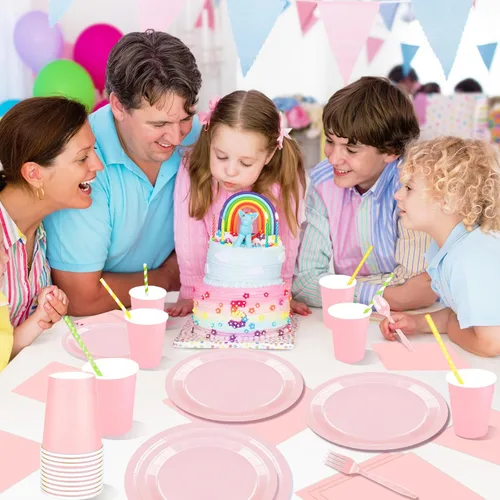 Miniatura 6 de El juego de 228 piezas de suministros de fiesta color rosa incluye platos de papel, vasos, servilletas rosas, cucharas de plástico, tenedores