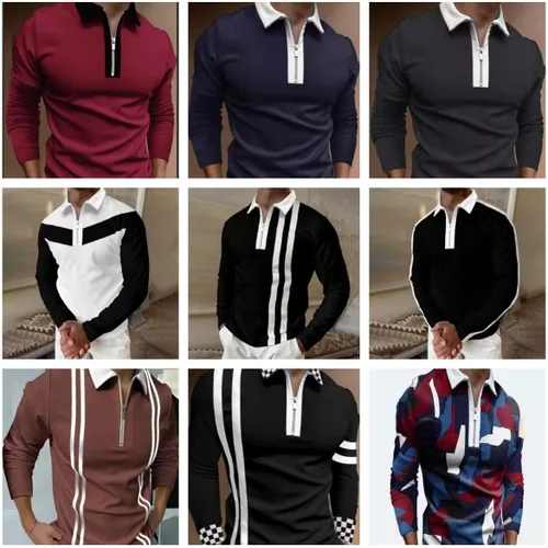 Miniatura 2 de Men's Fashion Polo Shirts Casual V Neck Long Sleeve Zip Golf Shirts MuscleBusiness Color Block Tops