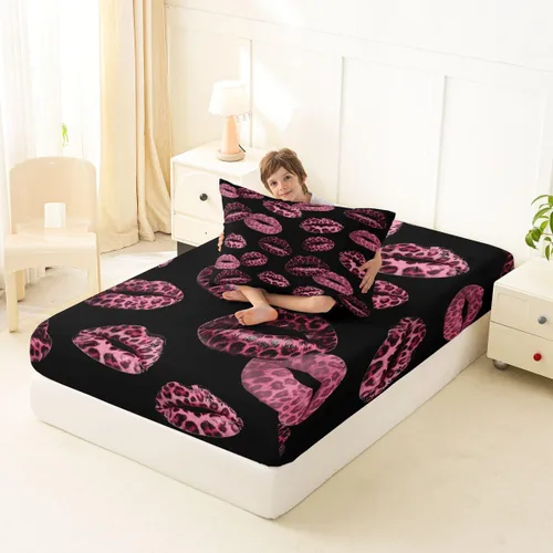 Miniatura 4 de Feelyou Leopard Print Lips Fitted Sheet Twin Size for Kids Boys Girls Cheetah Print Bed Sheets Set 16" Deep Pocket Soft Breathable Microfiber