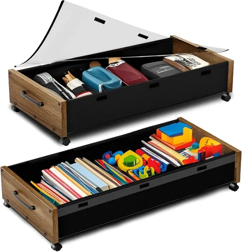 Miniatura 18 de KITHELP Almacenamiento de madera debajo de la cama con ruedas, contenedores de almacenamiento rodantes debajo de la cama con tapa extraíble, cajones