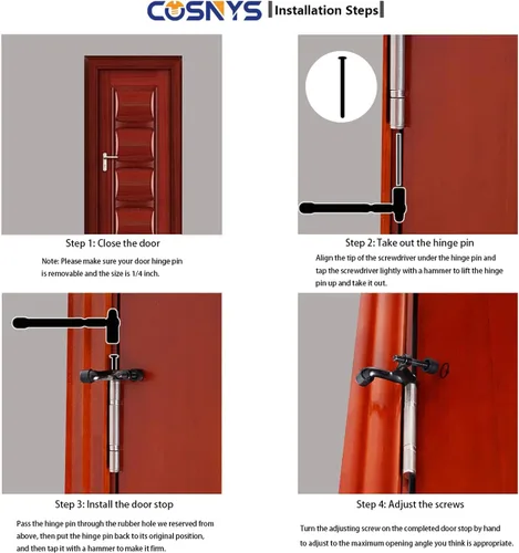 Miniatura 7 de Paquete de 2 topes de puerta con pasador de bisagra, ajustable y resistente de níquel cepillado de 2-3/8 x 15/16, práctico tapón de puerta para Oil