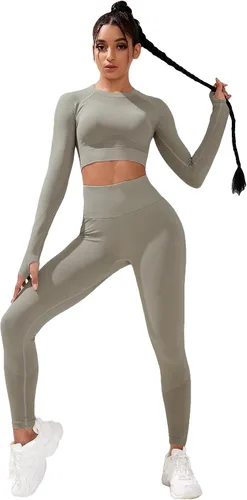 Milumia Conjunto de entrenamiento de 2 piezas de cintura alta sin costuras para mujer, de manga larga, para ir al trabajo, yoga, talla L, color
