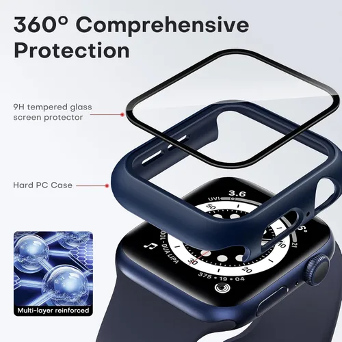 Miniatura 3 de TAURI - Juego de 2 carcasas rígidas para Apple Watch SE Series 6, 5, 4, 1.732 in (44mm), protector de pantalla integrado de cristal templado 9H, Azul