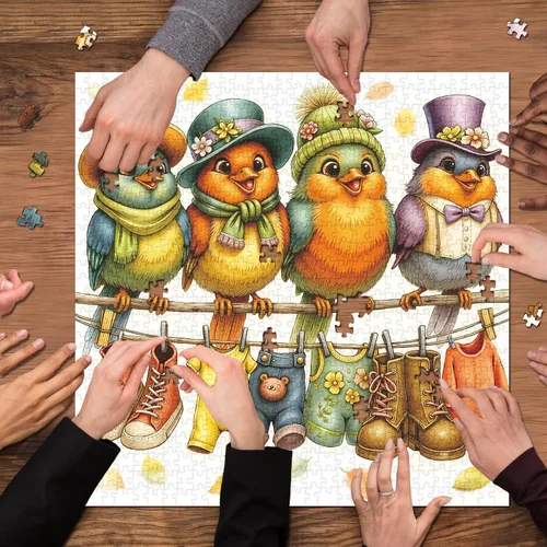 Miniatura 7 de Rompecabezas de 1000 piezas para la familia de pájaros lindos para adultos, coloridos pájaros con sombreros y bufandas, rompecabezas de animales