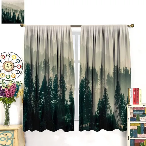 Miniatura 2 de Cortina de bosque neblinoso, bosque verde brumoso, paisaje natural, pino, alerce, niebla, montaña, oscurecimiento de habitación, puerta, ventana