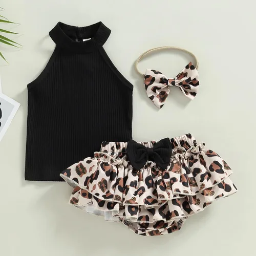 Miniatura 122 de TheFound Trajes de verano para niñas pequeñas, sin mangas, de punto acanalado, halter, pantalones cortos, ropa para recién nacidos, conjunto de 3