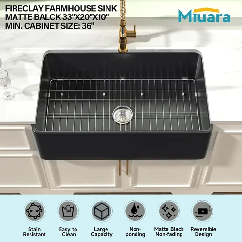 Miniatura 20 de Miuara Fregadero de Granja Negro de 33 Pulgadas - Fregadero de Cocina Grande de Frente con Delantal Tazón Individual 33"x18"x10", Instalación Bajo