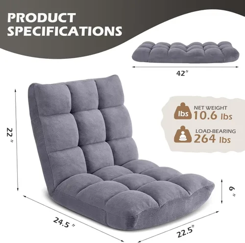Miniatura 3 de Silla de suelo plegable Avocahom para juegos con 14 posiciones, silla de sofá perezoso ajustable con cojín, con algodón transpirable y coral de Gris