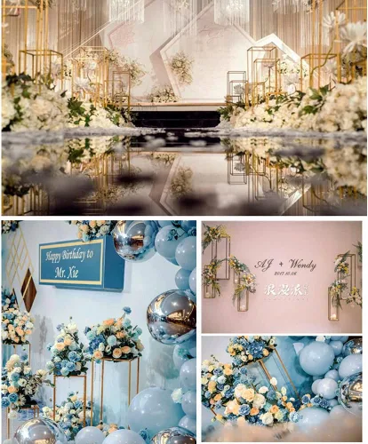 Miniatura 8 de LOYALHEARTDY Soporte de flores de boda dorado, soporte de columna de metal geométrico para boda, estante de exhibición de flores, centro de mesa