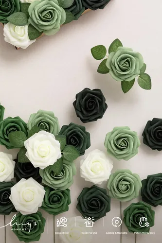 Miniatura 5 de Ling's moment Flores artificiales, 25 piezas de rosas de 3 pulgadas en tonos verde esmeralda, relleno floral de espuma realista para bricolaje