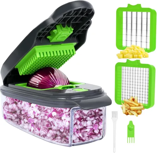 Miniatura 9 de Picador de verduras 13 en 1 Picador de cebolla · Picador de verduras con recipiente · Picador de ensalada · Cortador de patatas – Regalo
