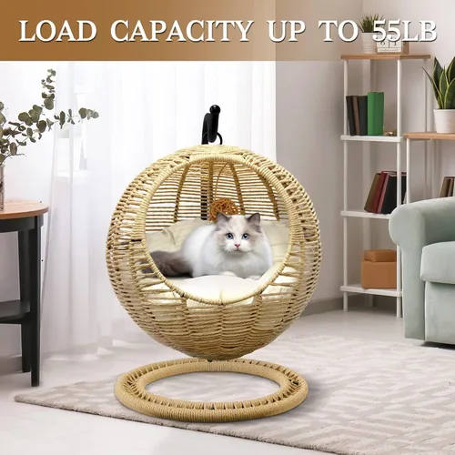 Miniatura 4 de BROWN-BROWN Cama colgante de mimbre hecha a mano para gatos, silla de huevo oscilante con cojín extraíble y bola colgante, acogedora hamaca