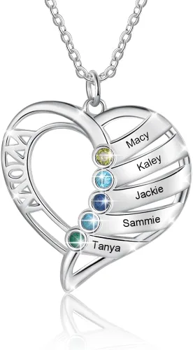 Personalized Mom Heart Necklace Birthstone Necklace for Women Mom Jewelry with 1-6 Names Customized Name Necklace Christmas Birthday Gifts for Mama