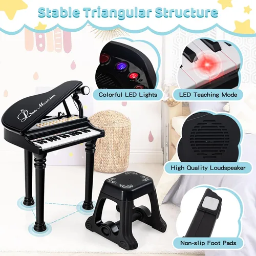 Miniatura 4 de Costzon Piano para niños, mini teclado de juguete de piano de cola de 31 teclas con micrófono, taburete y luces, piano electrónico portátil, juguete