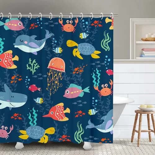 RosieLily Cortina de ducha infantil para baño, cortina de ducha de animales marinos y océanos con delfín, juego de cortinas de ducha con 12 ganchos,