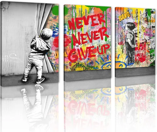 Miniatura 126 de 3 Piezas de Arte de Pared Banksy en Lienzo, Póster de Graffiti, Decoración de Pared con Citas Inspiradoras, Nunca Te Rindas, Obras de Arte para Sala