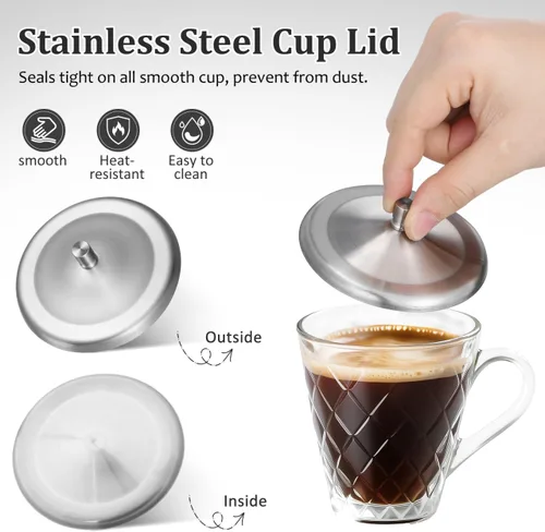Miniatura 6 de Luxshiny 5 tapas de taza de acero inoxidable multiusos para tazas, sellos de bebidas a prueba de fugas para tazas de café, té, agua, tapa redonda