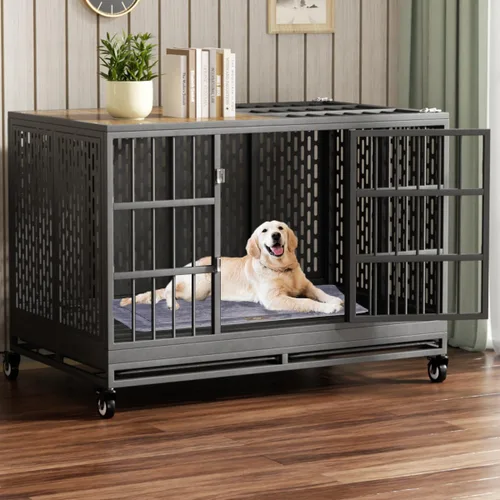 Miniatura 9 de Snuowu Jaula para perros de 48 pulgadas de servicio pesado con ruedas, jaula plegable de metal para perros grandes y medianos, jaula para perros