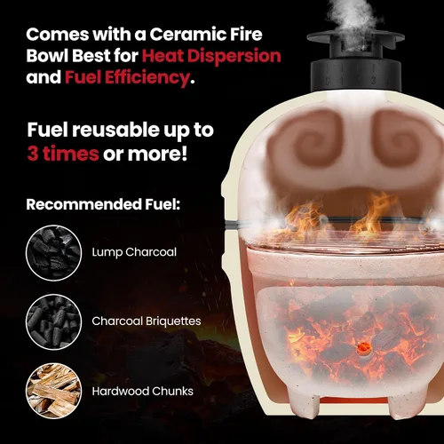 Miniatura 6 de Parrilla Kamado de cerámica mejorada de 13 pulgadas con tapa de ventilación de aire impermeable, ahumador portátil de carbón de mesa para cocinar al