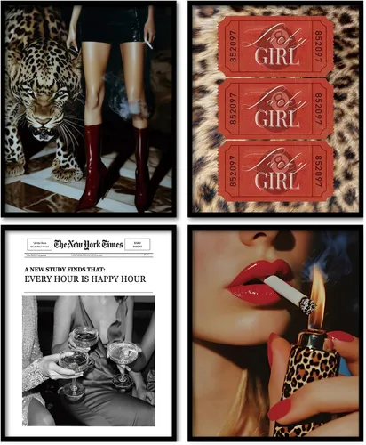 Miniatura 18 de KDHTY Juego de 4 Impresiones Artísticas de Pared Retro Rojas de Moda, Pósters de Arte de Pared Funky Retro Y2K Leopardo Caja de Cerillas Estrella