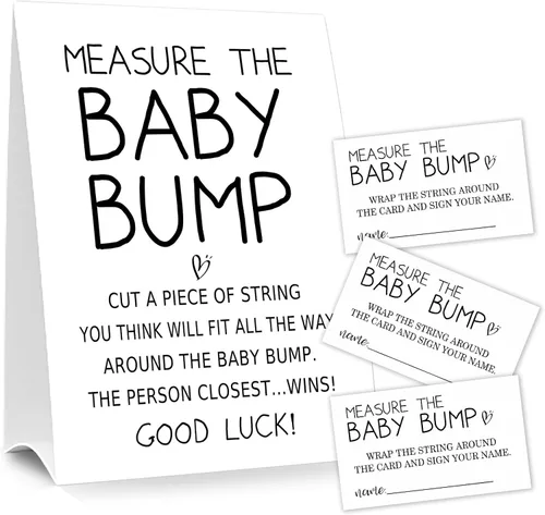 Miniatura 8 de Letrero de Baby Shower Games Measure the Baby Bump, How Big is Mommy's Belly Party Favors, cartel de pie Kraft de 5 x 7 pulgadas y 50 tarjetas