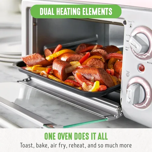 Miniatura 5 de GreenLife Horno tostador de encimera con freidora de aire de acero inoxidable, cerámica antiadherente saludable, libre de PFAS, bandeja y cesta, Rosa